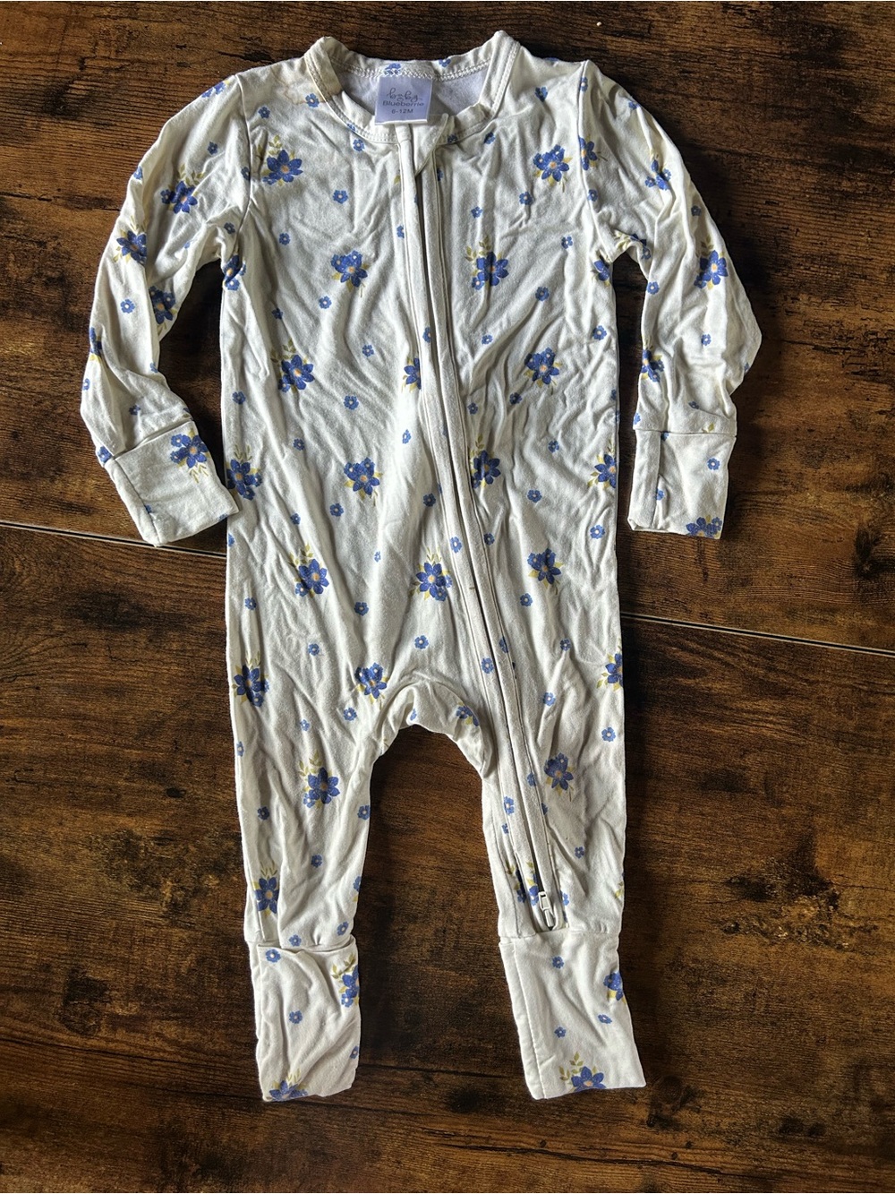 Baby Floral Footed One-Piece Zipper Romper - Blue on Cream